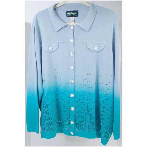 NWOT Carol Patterson Knits 2X Embellished Sweater Ombre Linen Cotton Cardigan - Picture 1 of 6